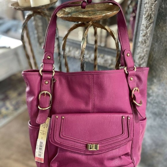 Kate Landry Leather Tote Satchel Handbag Purse Fuchsia Pink Gold Tone Hardware - Picture 3 of 7